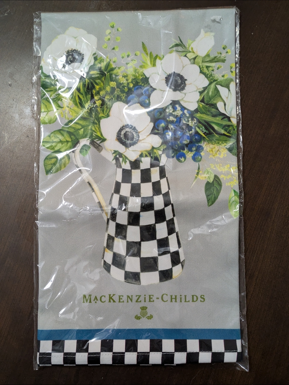 McKenzie-Childs Anemone Pitcher Dish Towel - Light Gray with Black Trim, NWT